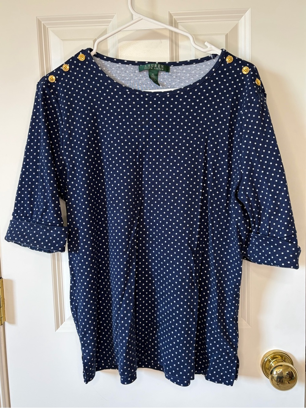 Nautical Lauren Ralph Lauren Navy & White Polka Dot Button-Shoulder Top